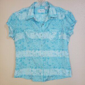 Adiktd Aqua Floral Striped Ruched Top Women's Medium
